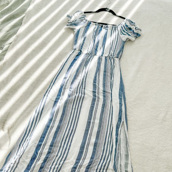 Linen Maxi Dress High Slit w/ Elastic Waistband Blue and White Stripes - Picture 1 of 7